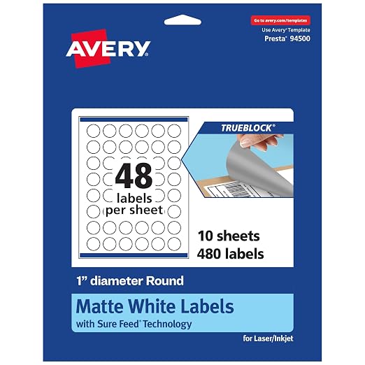 Avery® TrueBlock® Matte White Round Labels, Sure Feed® Technology, 1" Diameter, 480 Matte White Labels, Print-to-The-Edge, Laser/Inkjet Printable, Great for Product Merchandising Stickers