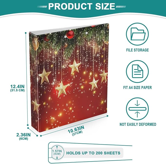 3 Ring Binder Christmas Stars Christmas Balls 1.5 inch Binders Three Ring Binders with Clipboard Fit 8.5'' x 11'' Paper 3 Interior PVC Clear Pockets for Office Supplies