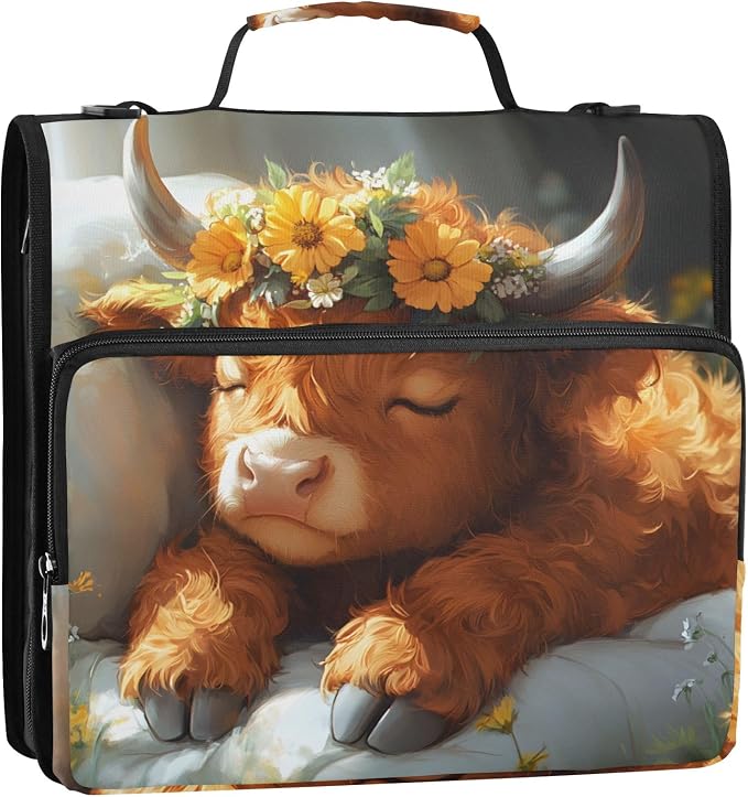 Cute Highland Cow 3 Ring Zipper Binder Bag Binder Organizer with Handle Shoulder Strap for School Work Office Supplies