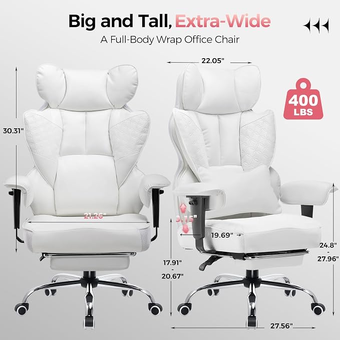 COMHOMA Big and Tall Office Chair Heavy Duty Wide Ergonomic Gaming Chair with Deluxe Embossing Designed Leather with Foot Rest,150°Reclining Adjustable Armrests Pocket Spring Back Support and Pillow