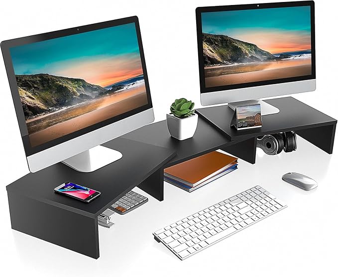 FITUEYES Dual Monitor Stand Riser, Adjustable Length and Angle, Black | Wooden 3-Shelf Design, Supports up to 55lbs, Flexible for Standard Corner Space, Holds Monitor, Laptop, Phone, Printer