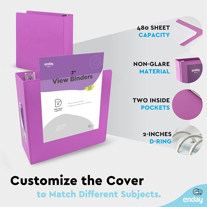Enday 2 inch 3 Ring Binder (24 Pack - Purple) Binder 2 inch with Clear View Cover and 2 Inside Pocket - for Letter Size 8.5 x 11'' Paper, Ideal for School Supplies, Office, and Home