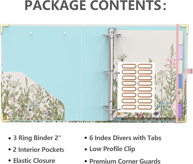 3 Ring Binder 2 Inch, Cute Round Ring Binders with 6 Tab Dividers & Label Stickers, Low Profile Clipboard with Storage, Fashion Aesthetic Binder School Office Supplies (Garden Flowers)