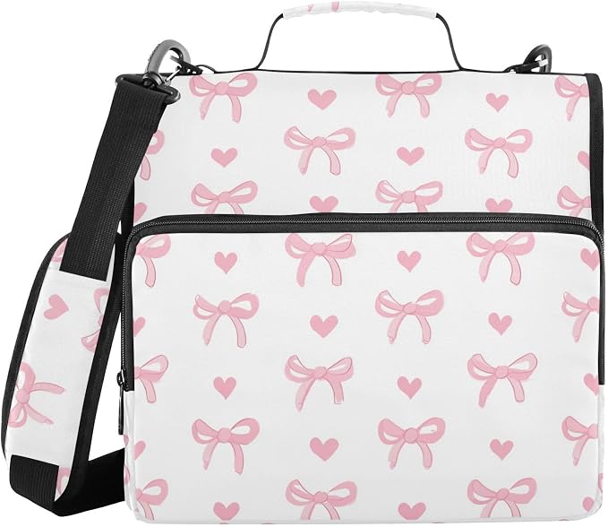 Aslsiy Zipper Binder Bag for Girls Boys Cute Coquette Pink Bow 1.5 inch 3-Ring Binder Organizer White with Shoulder Strap for School Office Supplies