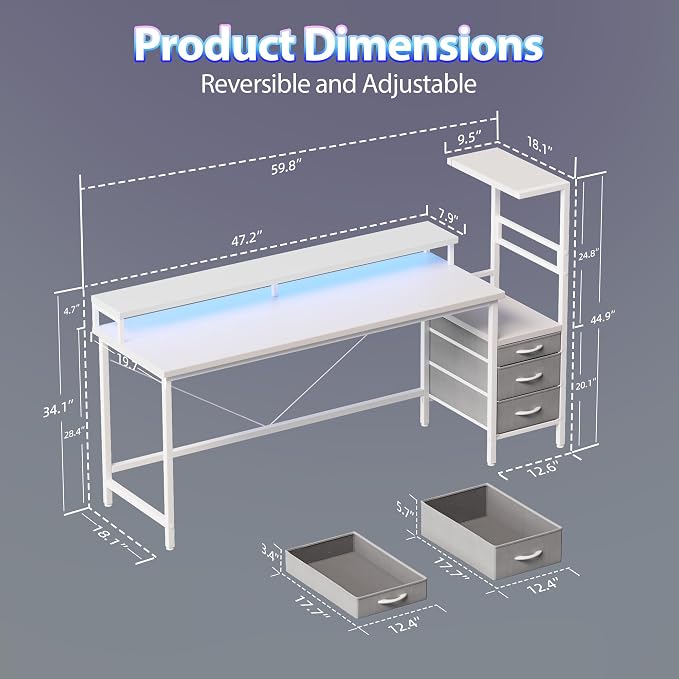 60 inch Gaming Desk with Drawers, Reversible Computer Desk, White | Gamer Desk with LED Lights, Power Outlets & Monitor Stand, Large Office Table for Home Bedroom Study Work Writing
