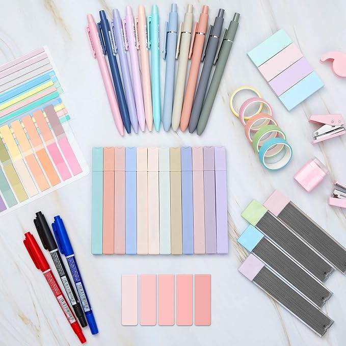 Sinload 60 Pcs Aesthetic Book Annotation Kit School Supplies Cute Pencil Case Mini Stapler Set 12 Highlighter 5 Gel Pen 6 Pencil 5 Magnetic Bookmark 1220 Sticky Note Student Stationary(Pink)