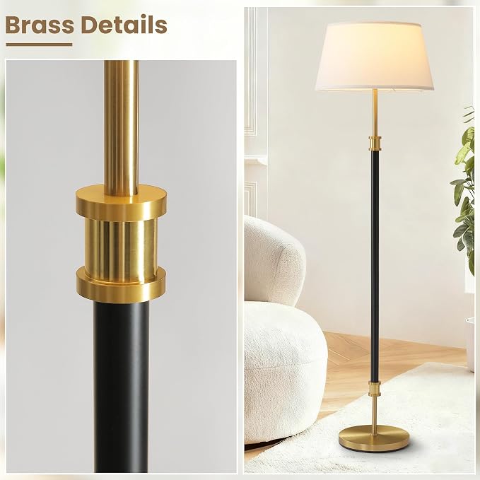 Modern Mid Century Floor Lamp with Soft Linen Shade, 63” Tall Black & Brass Standing Lamp, Weighted Base, Warm Ambient Light for Living Room, Bedroom & Reading Corners (Black & Gold)