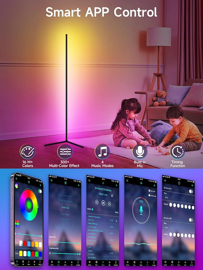 Tyute Floor Lamp, RGB LED Corner Lamp with Music Sync, Smart App and Remote Control Color Changing Ambience Light, 16 Million Colors Standing Lamp for Bedroom Living Room Gaming Room (2pcs)
