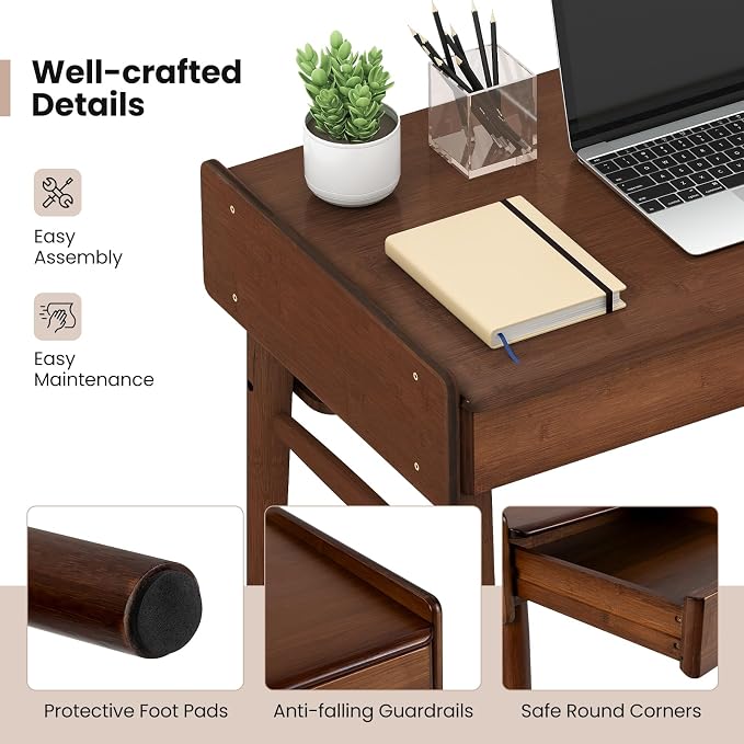 Giantex Mid Century Modern Desk, 39.5" Bamboo Computer Desk with 2 Drawers and Open Storage Shelf, Makeup Vanity Table, Wood Computer Workstation, Vintage Writing Desk for Bedroom, Walnut