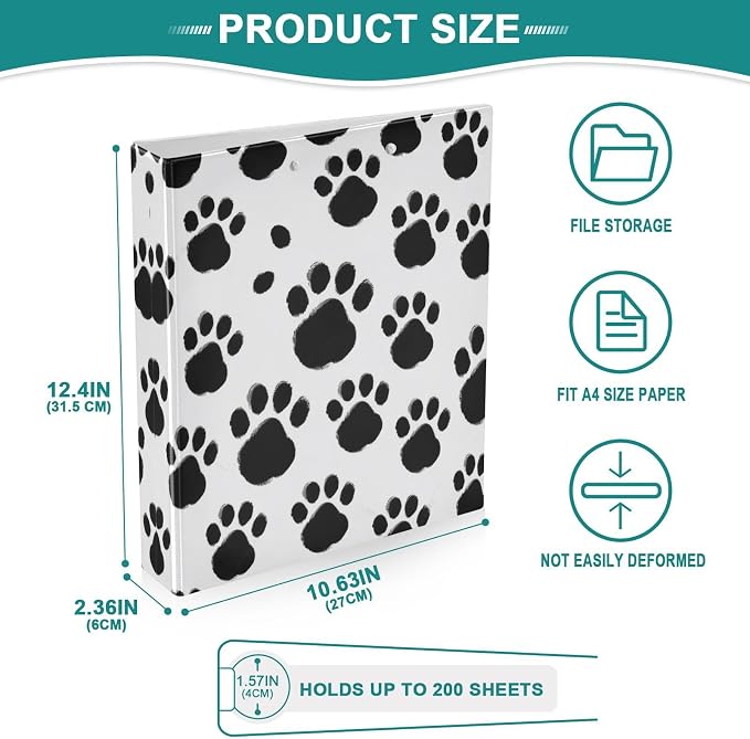 3 Ring Binder Black Paws Print 1.5" Round Ring Binders View Binder with 200 Sheet for Kids School Supplies Women Men Office, 1 Pack
