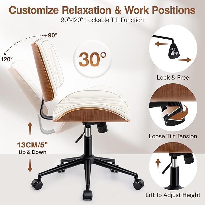 Ergonomic Armless Office Desk Chair - Mid-Century Modern White Faux Leather with Diamond Stitch, Adjustable Height Swivel Rolling Task Computer Chair with Walnut Accent for Home Office, Study & Work
