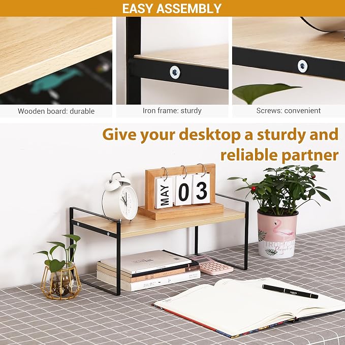 YGYQZ Desk Shelf Organizer, 1-Tier Desktop Bookshelf, Black & Wood | Cute Minimalist Style, Modular Desktop Storage, Space-Saving Organization, Ideal for Office & Dorm