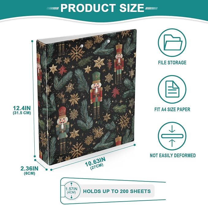 Gold Snowflake Xmas Nutcracker Binder 3 Ring 1.5 Inch Binder with Clipboard&Pockets, Hardcover Binders Heavy Duty Large File Folder for Office School Supplies - Holds 200 Sheets, 2 PC