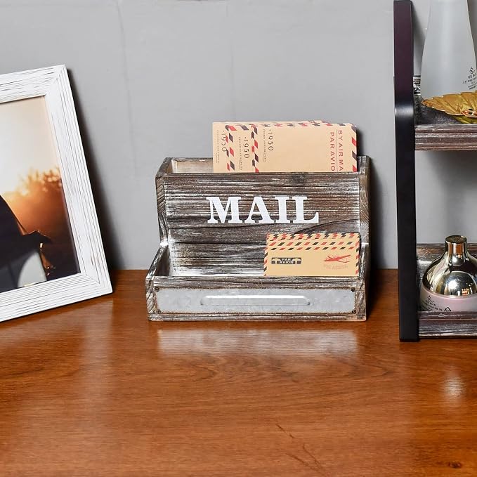 Farmhouse Wood Desktop Desk Mail Organizer with 2-Slot Desktop Mail Sorter Holder File Organizer Bill Paper Folder Office Desk Accessories Rustic Office Supplies Home Decor