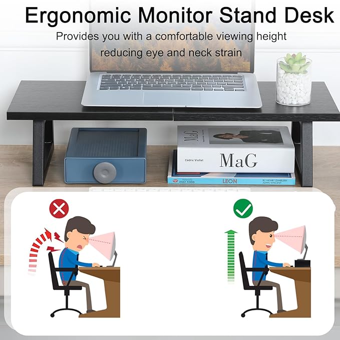 TEAMIX 24 inch Monitor Riser for Desk, Wood & Steel Computer/TV Stand Black | Laptop, PC, Printer Stand Riser, Holds 150lbs, Desktop Organizer, Keyboard Storage, for Office, Home, Gaming, Craft Space