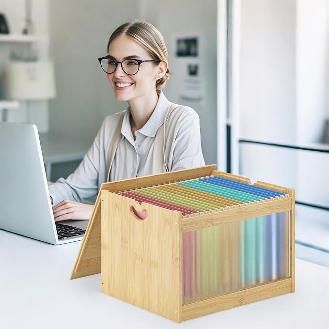 Bamboo Hanging File Box Organizer with Lid, File Folder, Nature, 1 Pack