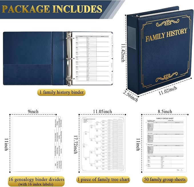 Family History Binder 3 Ring 50 Families Group Sheets 8th Generation Family Tree Chart 16 Genealogy Binder Dividers Navy Cover Genealogy Supplies with Pen Loop PVC Pocket for Families History