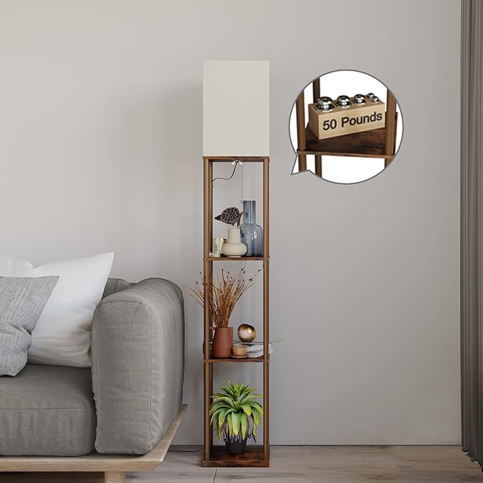 SUNMORY Floor Lamp with Shelves, Standing Lamps for Living Room, Brown | 3 CCT LED Bulb Include, 4-Tier Display Bookshelf, 63" Tall Corner Shelf Lamp, Modern Style for Bedroom, Office, Home Decor