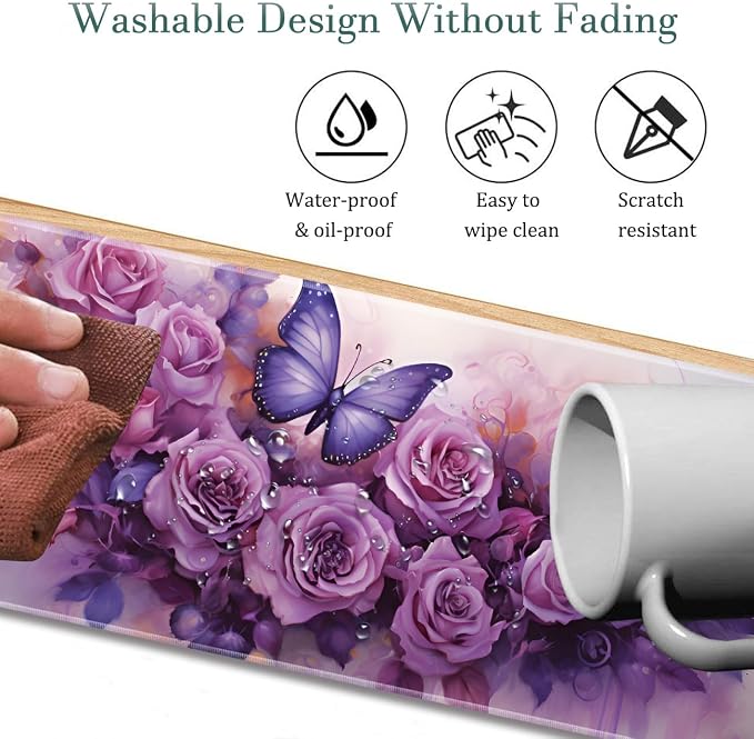 Extended Gaming Mouse Pad 31.5" x 11.8", with Edge Stitching, Non-Slip Rubber Base Keyboard Pad, Suitable for Work, Game, Office, Home and Coasters, Butterflies and Purple Roses