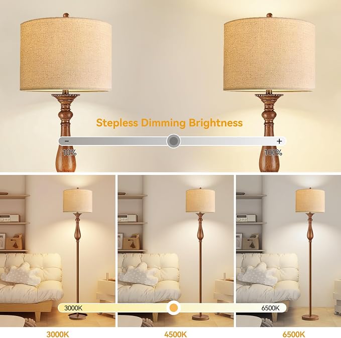 Wood Floor Lamps for Living Room Farmhouse Boho Floor Lamp with Remote Control & 3 Color Temperature,Dimmable Vintage Floor Lamp Mid Century Modern Standing Lamp Pole Tall Floor Lamp Bedroom Corner