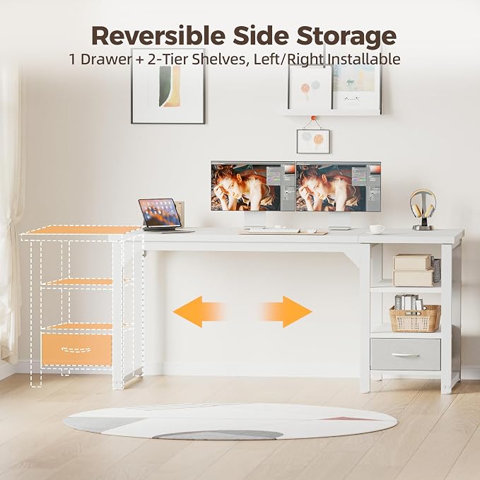 48 in Computer Desk with Drawer, 1" Thick Reversible Office Desk | Modern Writing Table with Storage Shelves, Heavy Duty Industrial Study Desk for Home Bedroom Work