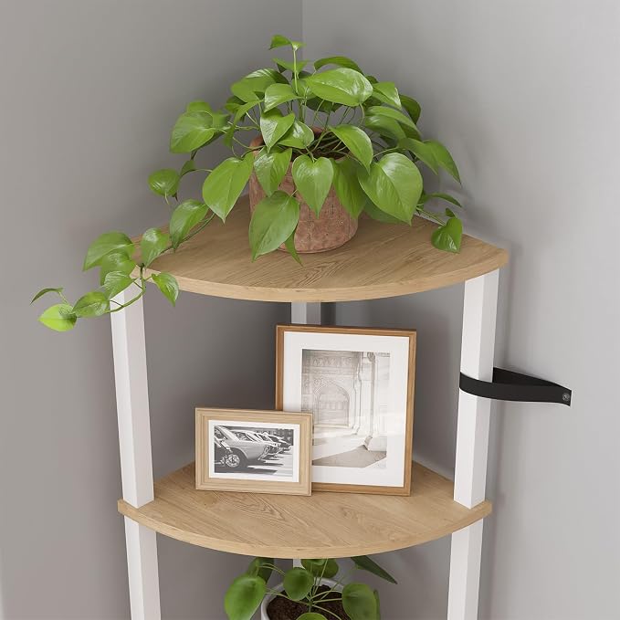 VIMBER Corner Shelf, 5-Tier Corner Bookshelf, Industrial Corner Ladder Shelf, Rustic Display Shelf for Living Room, Bedroom, Kitchen, Home Office, White and Nature Wood Color UJSJ001Q