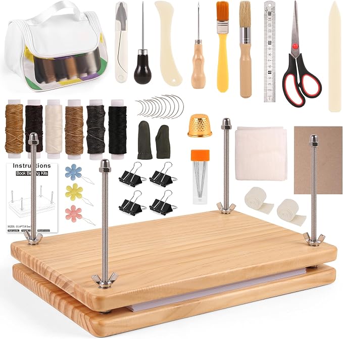 MAKEASY 50Pcs Book Binding Kits with Book Press (11.6x7.8in), DIY Bookbinding Kit with Waxed Thread, Needles, Bone Folder, Scissors & Bookbinding Supplies for Beginners & Professionals