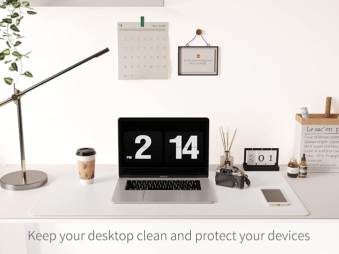 RENMTURE Dual-Sided Mouse Pad, Natural Cork & PU Leather Large Desk Pad for Office and Home Work, Desk Protector Non-Slip, Waterproof, Easy Clean (White, 36"x17")