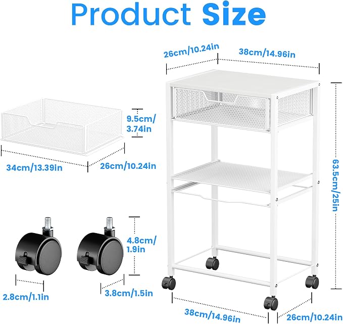 Cawukege 3 Tier Printer Stand, Small Mobile Table with Wheels, Printer Shelf Rolling Cart with Storage Desk Organizer Hanging File for Office Home, White