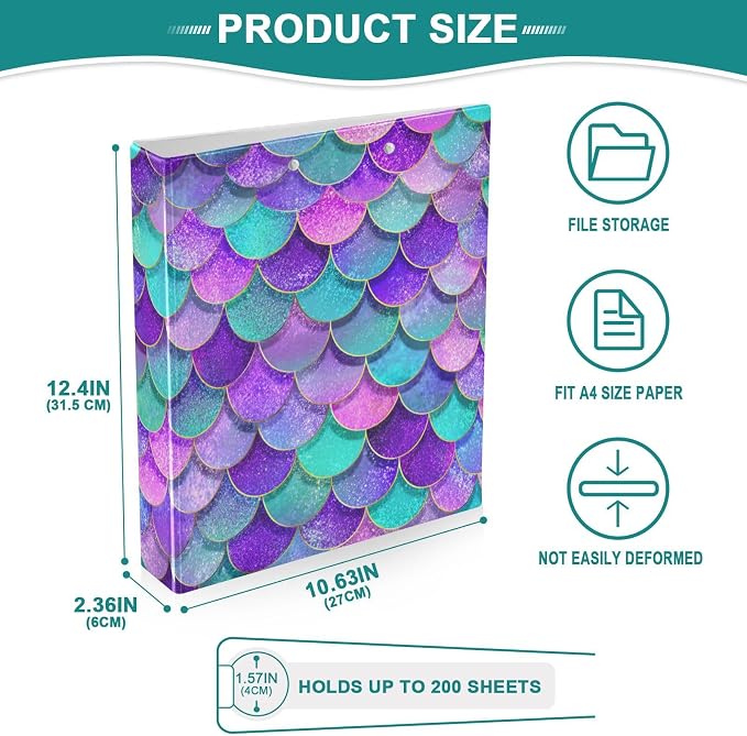 3 Ring Binder Pink Blue Purple Mermaid Scales 1.5" Round Ring Binders View Binder with 200 Sheet for Kids School Supplies Women Men Office, 1 Pack
