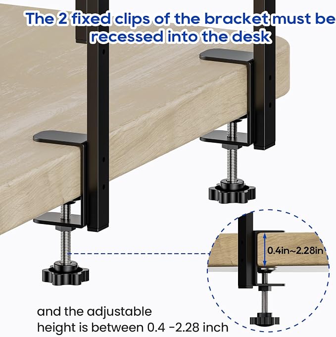 Clamp On Desk Shelf 2-Tier, 16.5 in Wood Shelving Unit for Office Desk/Gaming Accessories, Tabletop Book Storage Rack, Shelf for Top of Desk, Brown
