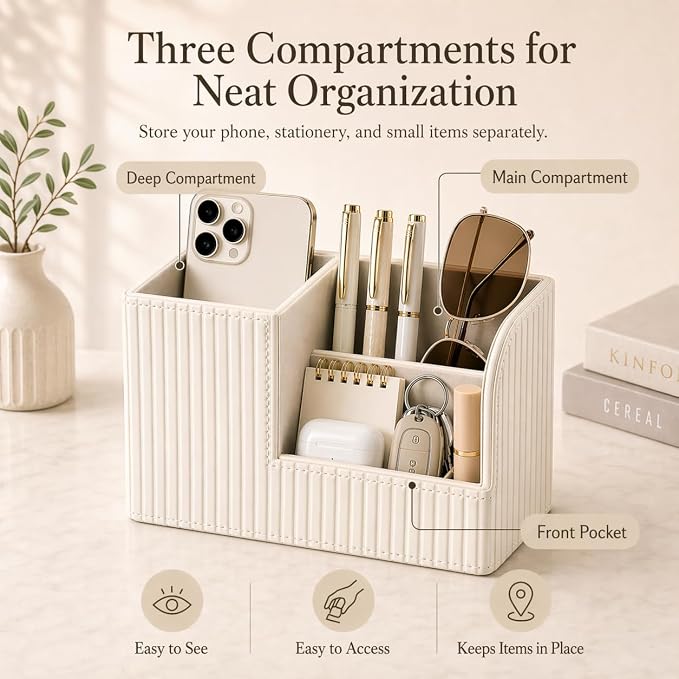 Desk Pen Organizer Office Supplies Caddy Pu Leather Multi-function Storage Box Pen/Pencil,Cell phone, Business Name Cards Remote Control Holder (Ivory White)