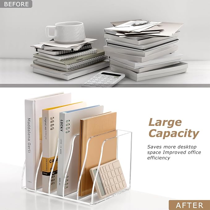 SANRUI Acrylic Magazine File Holder Desk Organizer, Clear 5 Compartments | Workspace Document Sorter, Vertical Folder Rack Binder for Office Home Classroom Tablet, Books & Accessories Storage