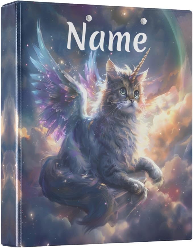 Custom 3 Ring Binder Unicorn Cat with Wings 1.5" Round Ring Binders Personalized Name View Binder with 200 Sheet for Women Men Office Kids School Supplies, 1 Pack