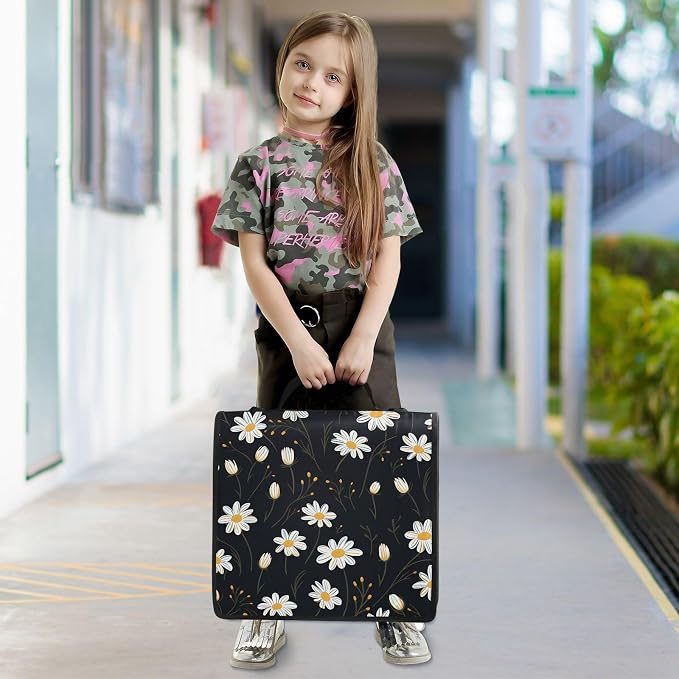 3 Ring Zipper Binder with Shoulder Strap White Daisy Flower Black 1.5 inch Binders Keeper Large Capacity Multi Pockets for School Office Supplies