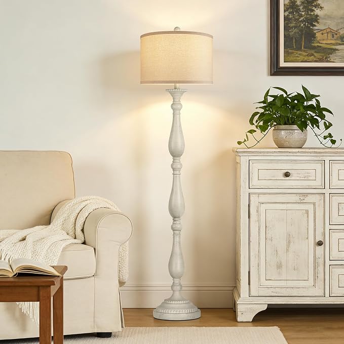 Vintage Floor Lamp for Living Room, Rustic Farmhouse Standing Lamp with Rotary Switch and Linen Shade, Retro Resin Floor Lamp for Bedroom, Corner, Dining Room, House Decor, White