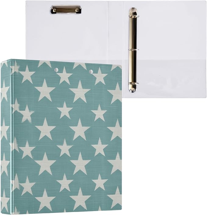 Simple Star Hard Cover Ring Binder 1.5 Inch 3 Ring, Printed Ring Binder with Metal Non-Slip Clip Clear Pocket Water Resistant Round Ring Binders for Recipe Budget Office
