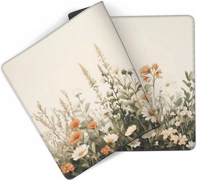 Floral Aesthetic Wildflower Gaming Mouse Pad, Beige Vintage Botanical Desk Mat with Anti-Slip Base & Stitched Edges, Office & Home Desk Decor for Women, 35.4" x 15.7" in Computer Desktop Mat