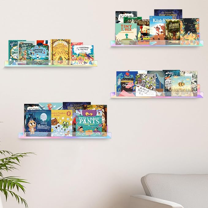 Dezzer 6 Pack Acrylic Shelves for Wall, 15" Acrylic Floating Shelves for Bathroom Bedroom, Invisible Bookshelf Wall Ledge Storage Shelf Books Perfume Toys Action Figure Display Shelves, Iridescent