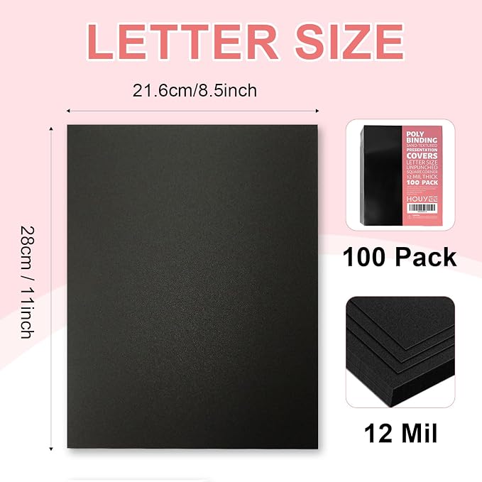 HOUYEE 100 Pack 12mil Binding Presentation Covers, Sand Texture, Black | Plastic Back Binding Polycovers, 8.5x11 Inch Letter Size, Square Corners,Un-Punched, Office & School Supplies