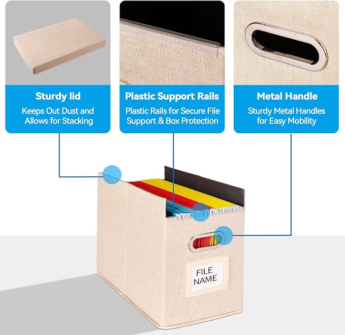 4 Pack Hanging File Folders Organizer with Lid, Letter Size Fabric File Storage Box Collapsible, Portable Office Document Holder with Metal Handle, Smooth PVC Rails, Beige