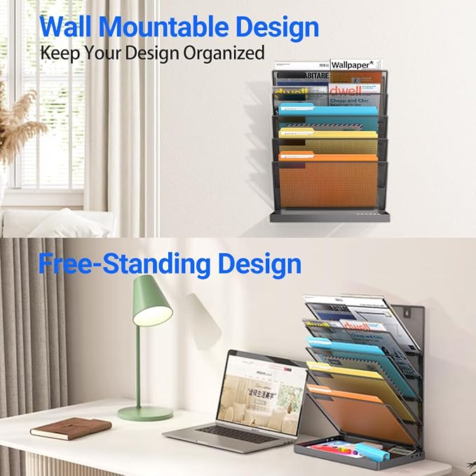 Legal /A4/ Letter Size Hanging Wall File Organizer Desktop File Organizer,6-Tier Wall Mount/Self Standing Paper Document Folder Holder,Mesh Magazine Rack for Office Home, Black ﻿