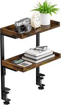 Clamp On Desk Shelf 2-Tier, 12.6 inche Wood Shelving Unit for Office Desk/Gaming Accessories, Tabletop Book Storage Rack, Shelf for Top & Under of Desk, Brown