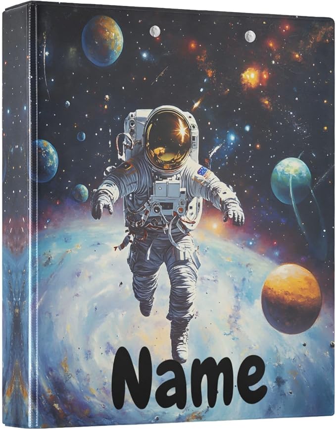 Custom 3 Ring Binder Astronaut in Space Planet 1.5" Round Ring Binders Personalized Name View Binder with 200 Sheet for Kids School Supplies Women Men Office, 1 Pack