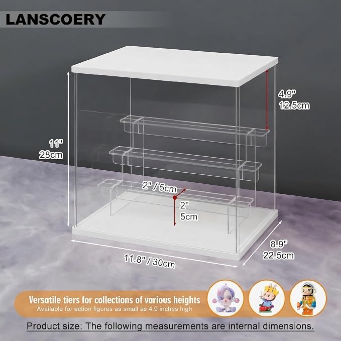 LANSCOERY Acrylic Display Case for Collectibles, 4-Tier LED Light, White | 3mm clear acrylic panels with front door access and tri-color top light for small figures on a desk or shelf.