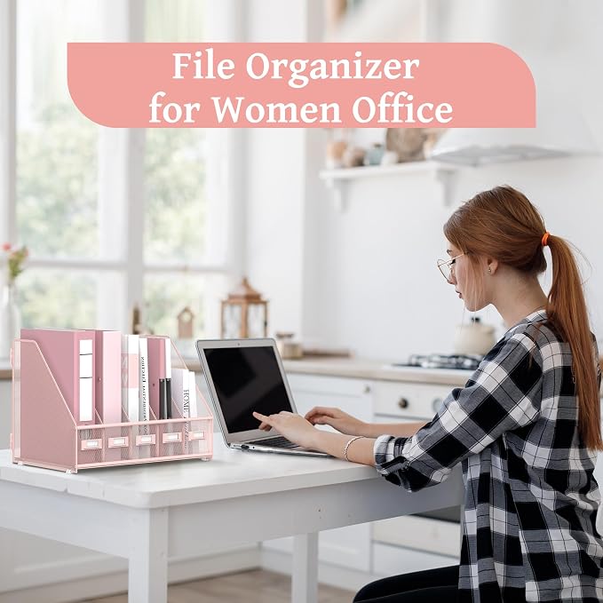 Desk Organizers Metal Desk Magazine File Holder with 5 Vertical Compartments Rack File Organizer for Office Desktop, Classroom, Home Workspace, Pink Plus