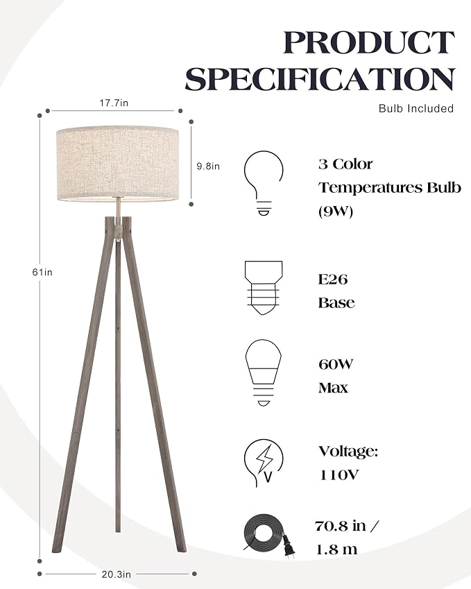 ELYONA Farmhouse Wood Tripod Floor Lamp, Modern Reading Standing Lamp with 3 Color Temperatures LED Blub & Nature Linen Shade, Night Light for Living Room, Bedroom, Study Room, Office, Grey