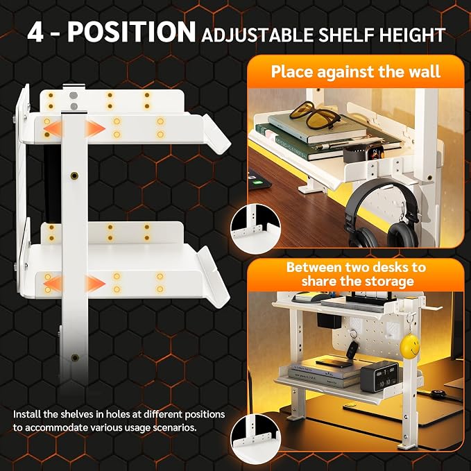 Metal Clamp On Desk Shelf,Storage Shelves with Pegboard and Pencil Holder | 2-Tier Adjustable 16 inch Above or Under Heavy Duty Desktop Organizer with Headphone Holder for Desk Accessories (White)