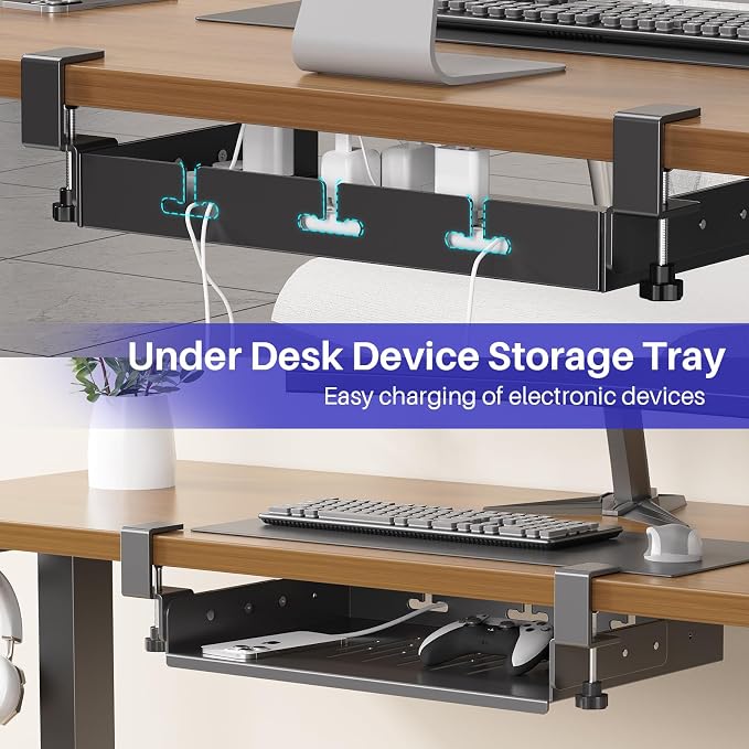 BYMECOST No Drill Under Desk Laptop Mount, Metal Under Desk Storage Shelf | Laptop Storage Tray for Macbook, Mac Mini, Controllers and Cables, Anti-scratch Silicone, fits Office, Gaming, Workstations