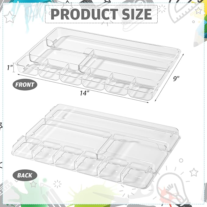 4 Pcs Desk Drawer Organizer Tray 14" x 9" x 1",Clear | Shallow Desk Drawer Organizer with 9 Storage Compartments for Home Office Classroom School Organizing Pens Paper Clips